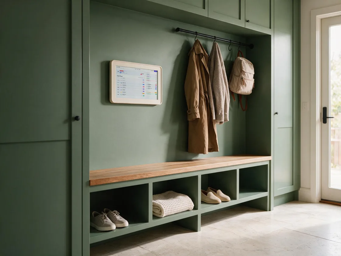 The display in a green entryway above a bench, coats and a backpack on hooks