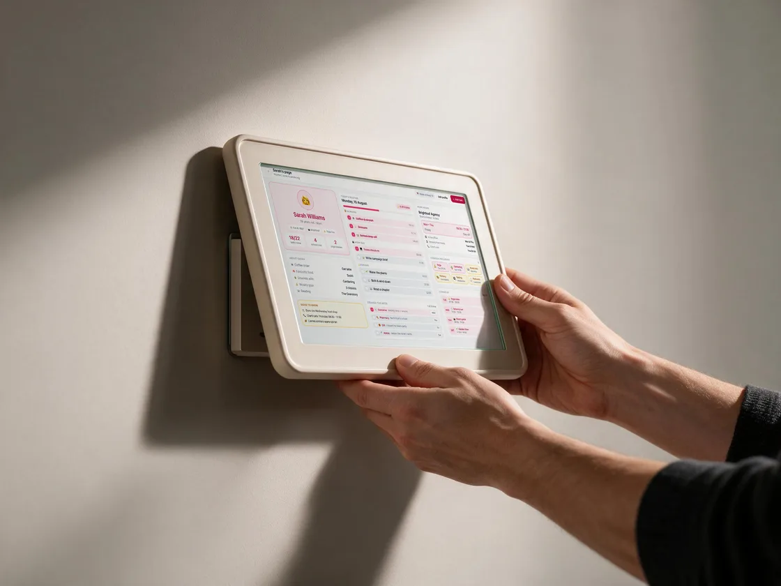 Two hands settling the display onto its wall plate