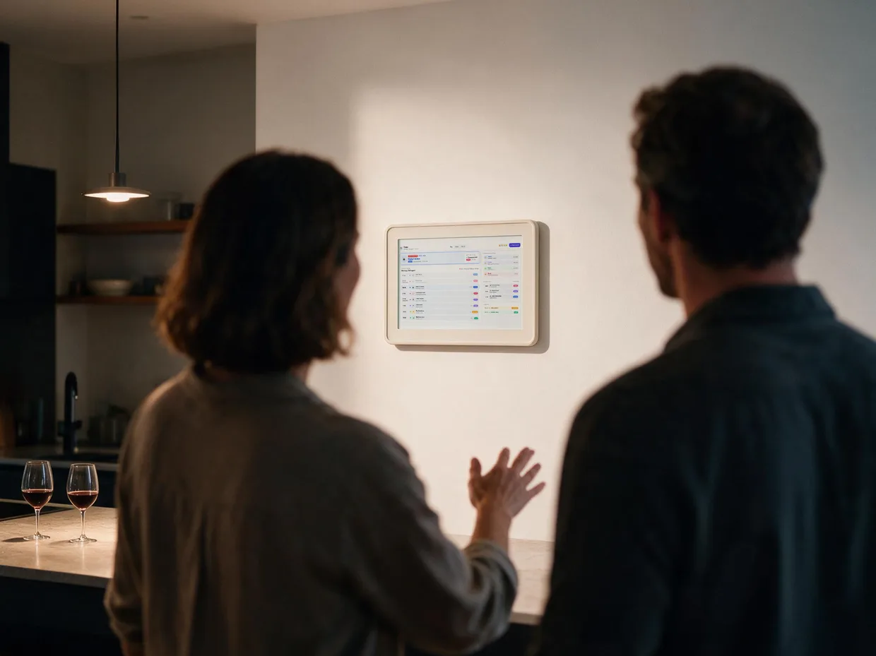Two adults reading the week together on the display in a dark kitchen